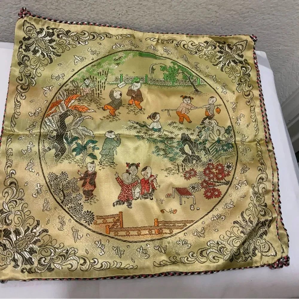 Chinese Satin / Silk Pillow Cover, Embroidered Floral, 17” X 17” Square, New